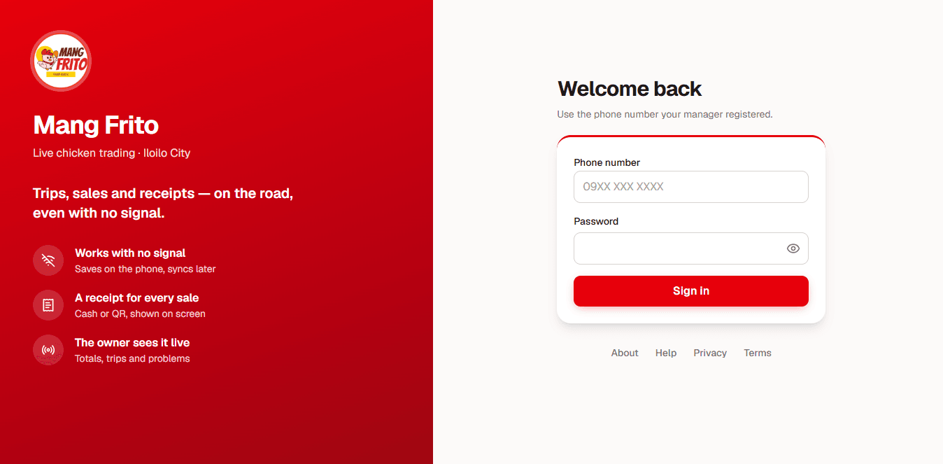 Mang Frito sign-in screen