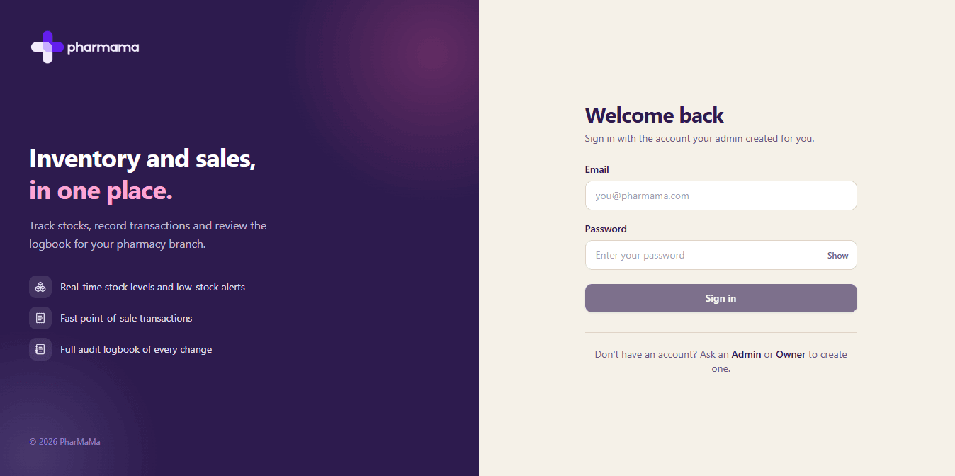 PharMaMa sign-in screen